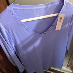 Chico's Light Lavender V-Neck Long Sleeve Top with Snap Detail